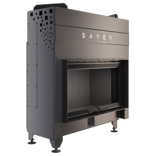SAVEN ENERGY 90x50 BLACK (19kW) ECO židinys su juodu šamotu pakuroje. Plieninė židinio kapsulė į viršų pakeliamu stiklu.