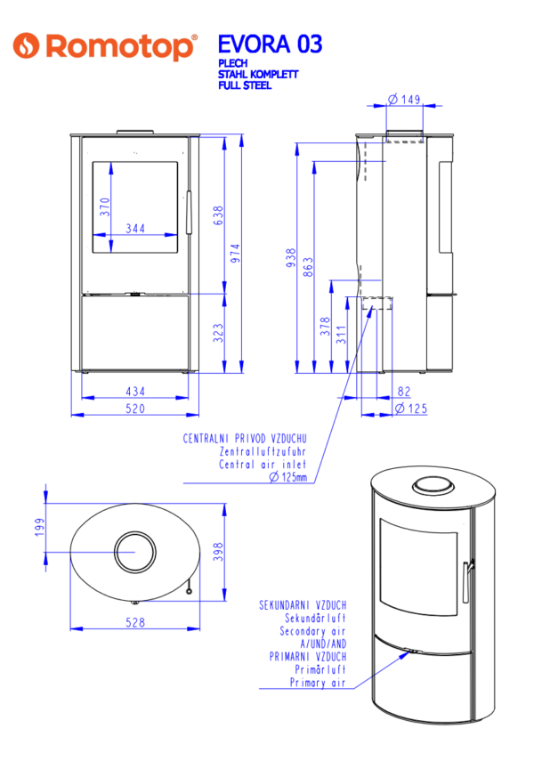 Romotop Evora 03 Steel matmenys